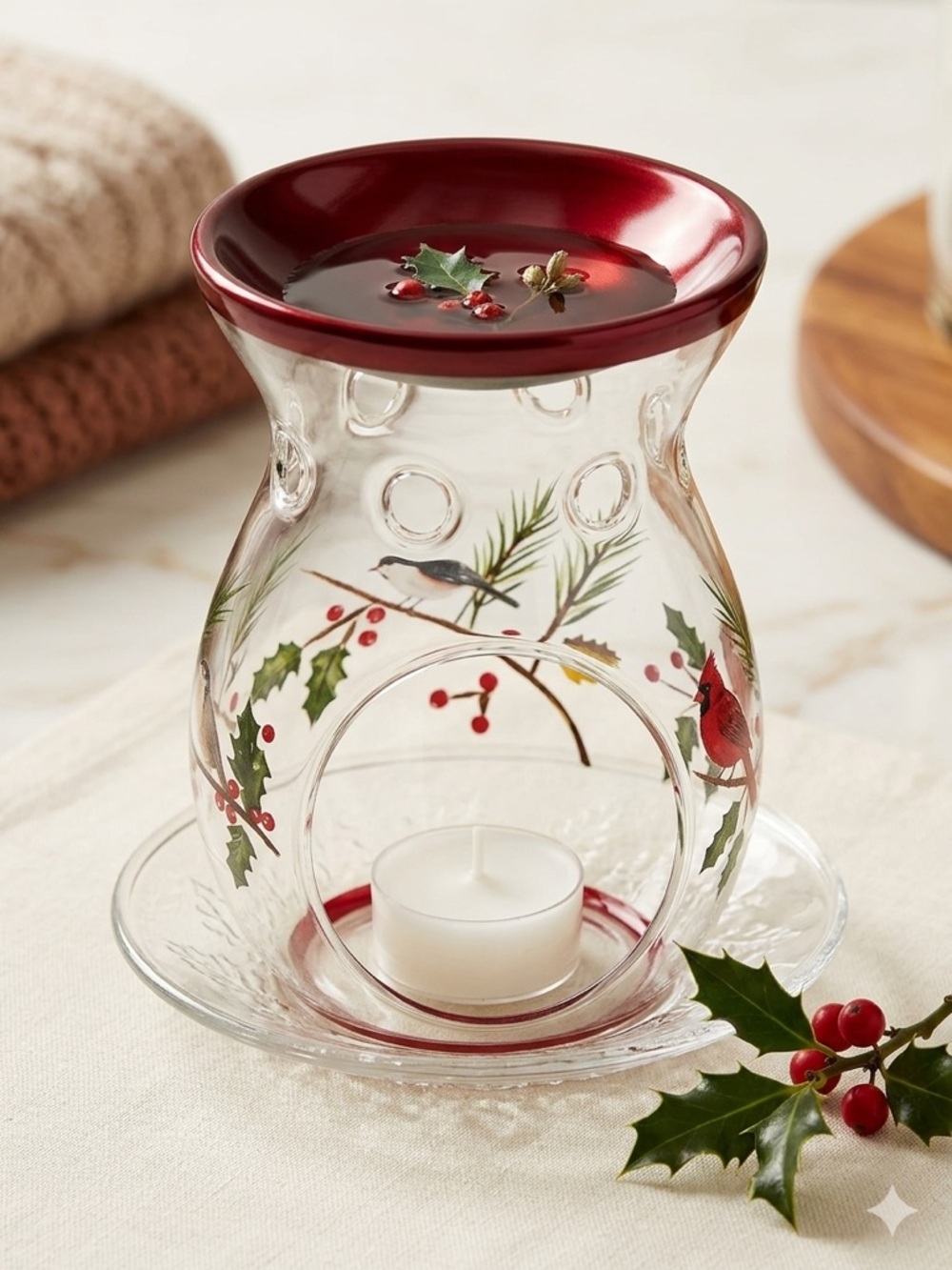 Yankee Candle Red and Clear Glass Holiday Wax Warmer with Cardinal and Holly